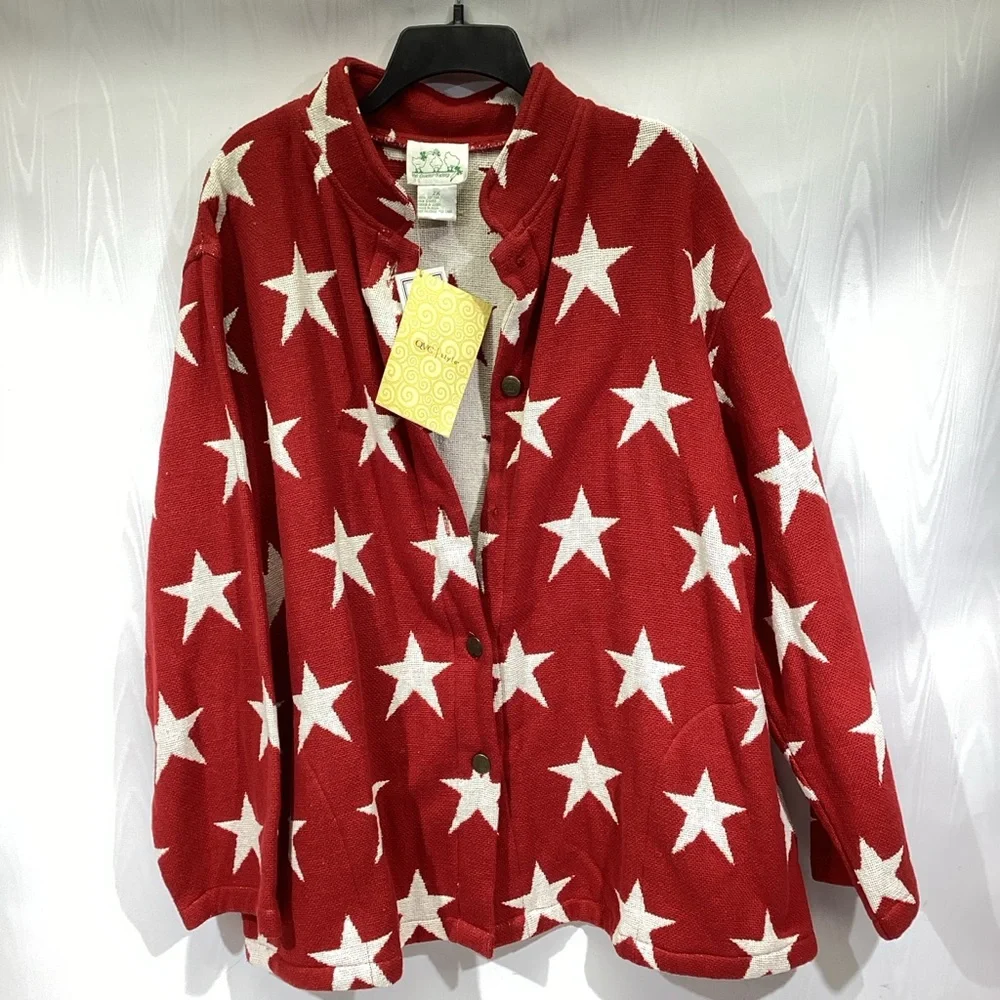 New Quacker Factory Red with White Stars Button Up Woven Jacket 2X Patriotic - Picture 2 of 13